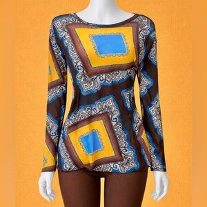 Karen Kane Sheer Top
Size XL
Abstract Print with Bright Yellow, Aqua, & Brown